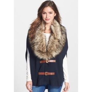 Michael Kors Womens Blue Faux Fur Buckle Poncho L